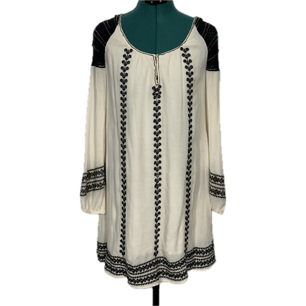 Free People Tunic Dress Embroidered Crochet Boho‎ XS Ivory Black Peasant Mini